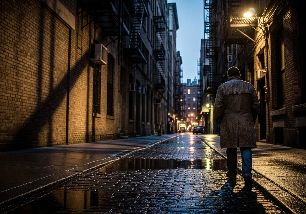 A lone figure, wearing a worn trench coat and looking pensive, walks down a dimly lit, narrow alleyway in a city, with shadows stretching long and distorted.