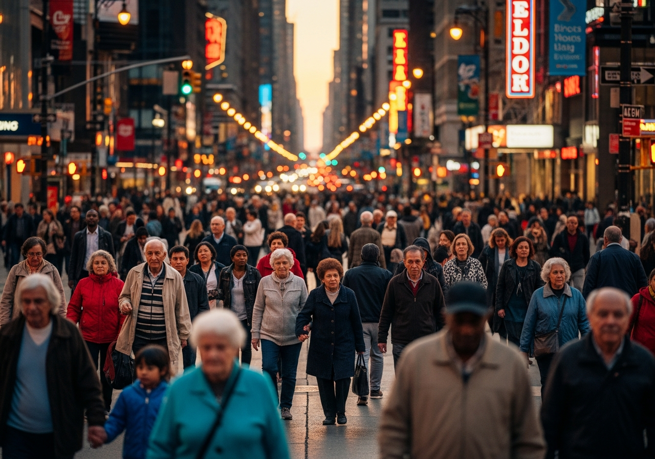 A crowded city street in a major metropolis at dusk, with many elderly people and very few children visible, highlighting the aging population.