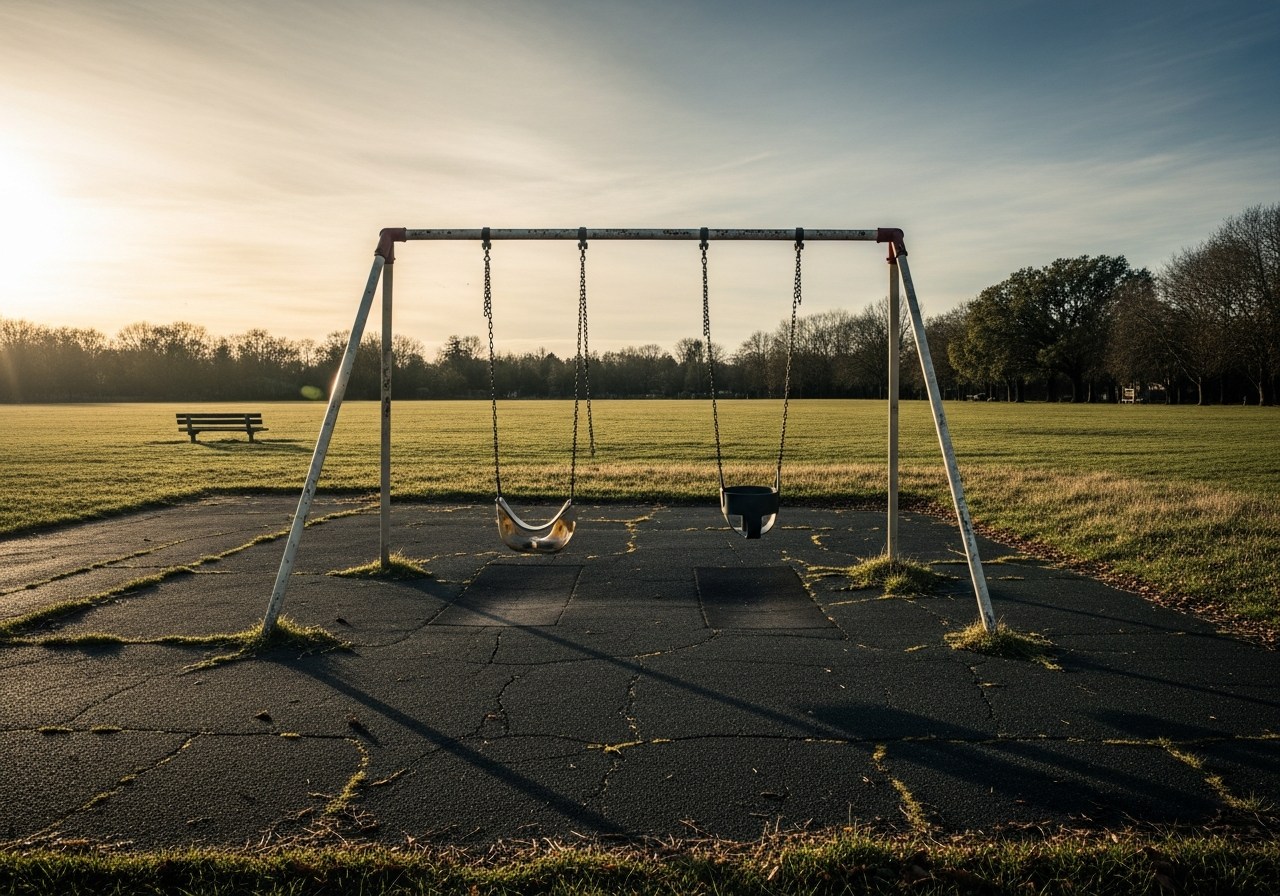 A lonely swing set in an empty park, symbolizing declining birth rates and fewer children playing.