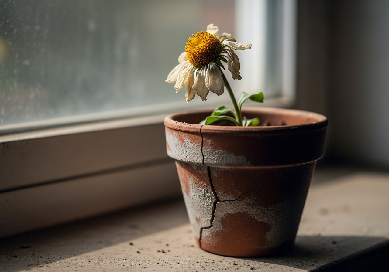 A single, wilting flower in a cracked pot on a windowsill, representing the decline and fragility of human fertility.