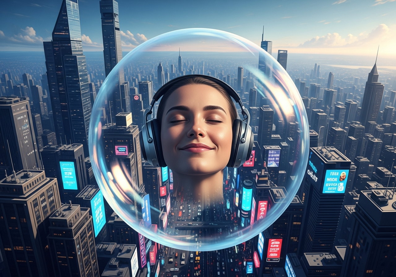 A surreal painting depicting a person with their eyes closed, wearing noise-canceling headphones, inside a delicate, transparent bubble floating above a chaotic, information-overloaded cityscape. The person is smiling blissfully.