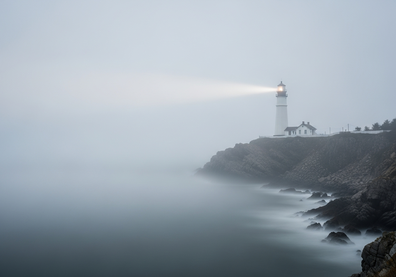 A lone lighthouse standing on a rocky cliff, its beam struggling to cut through a thick, swirling fog that completely obscures the horizon, symbolizing a search for truth amidst confusion.