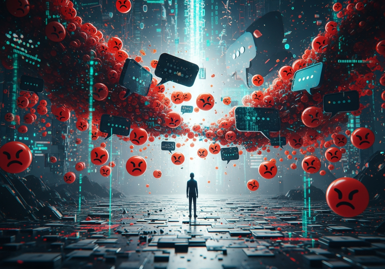 A distorted, chaotic digital landscape with angry emojis and speech bubbles flying around a lone, confused figure.