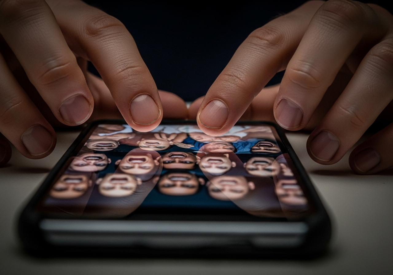 A close-up of a person's hands nervously scrolling through a phone screen, reflections of angry faces visible on the screen.