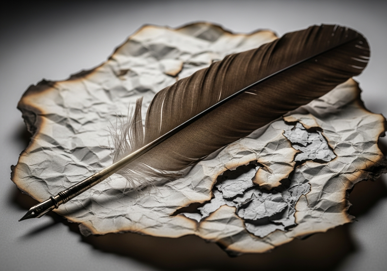 A single, old-fashioned quill pen resting on a crumpled, burnt piece of paper, symbolizing lost truths and damaged reputations.
