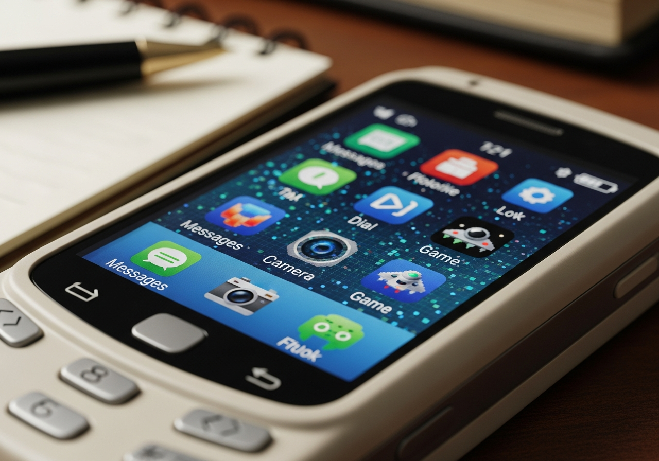 A close-up shot of an old, retro-looking smartphone with a unique, pixelated user interface, displaying vibrant, non-standard icons and a distinct color scheme that contrasts sharply with modern, minimalist designs.