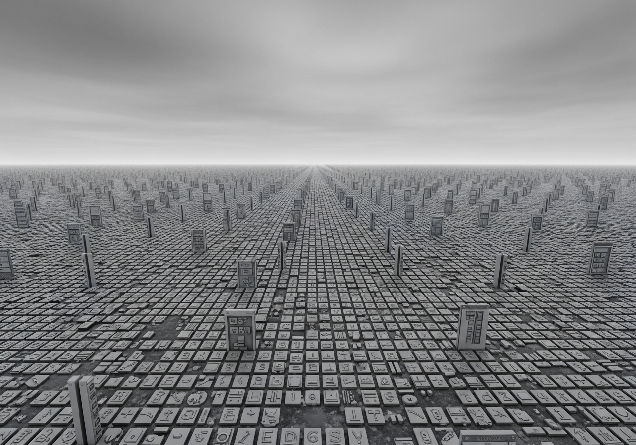 A sterile, almost dystopian digital landscape with identical, gray interface elements stretching into the horizon under a cold, monochromatic sky, devoid of any unique features or splashes of color.