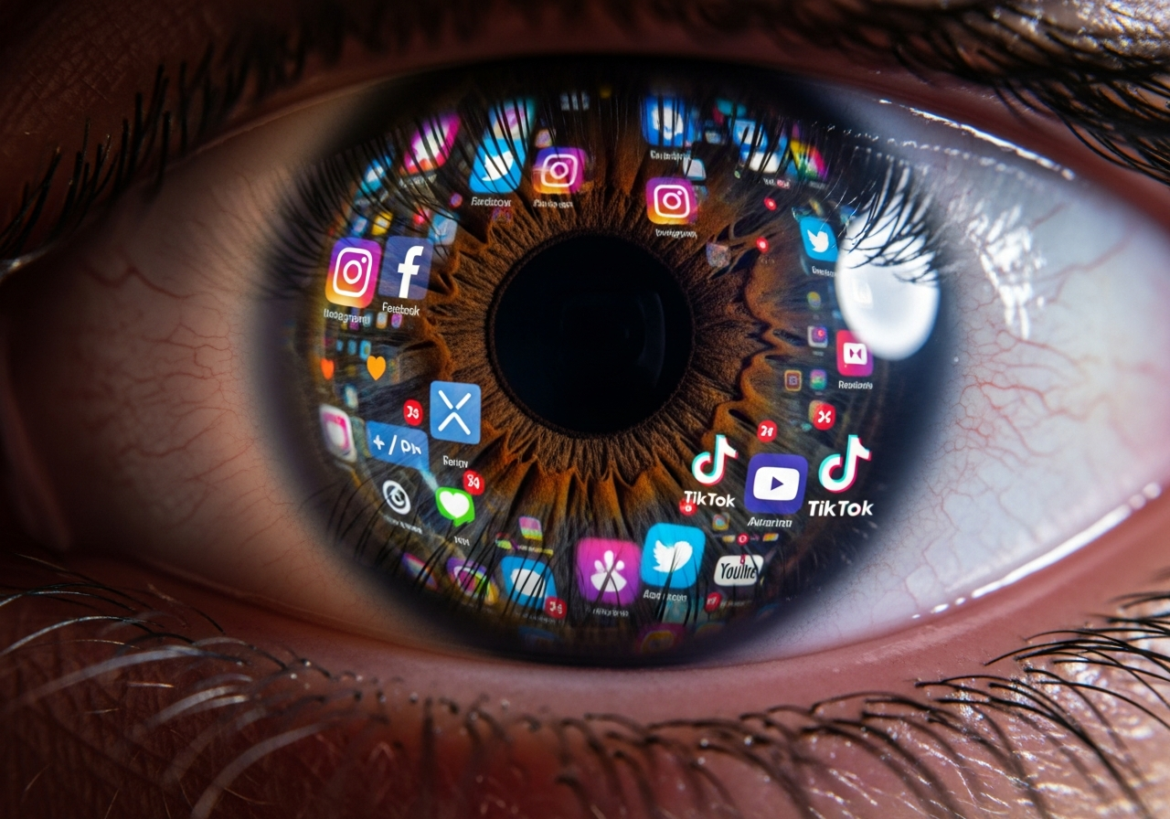 A zoomed-in, slightly distorted image of a human eye, reflecting multiple glowing phone screens with various social media logos and bright, fleeting notifications, giving a sense of being overwhelmed and distracted by digital noise.