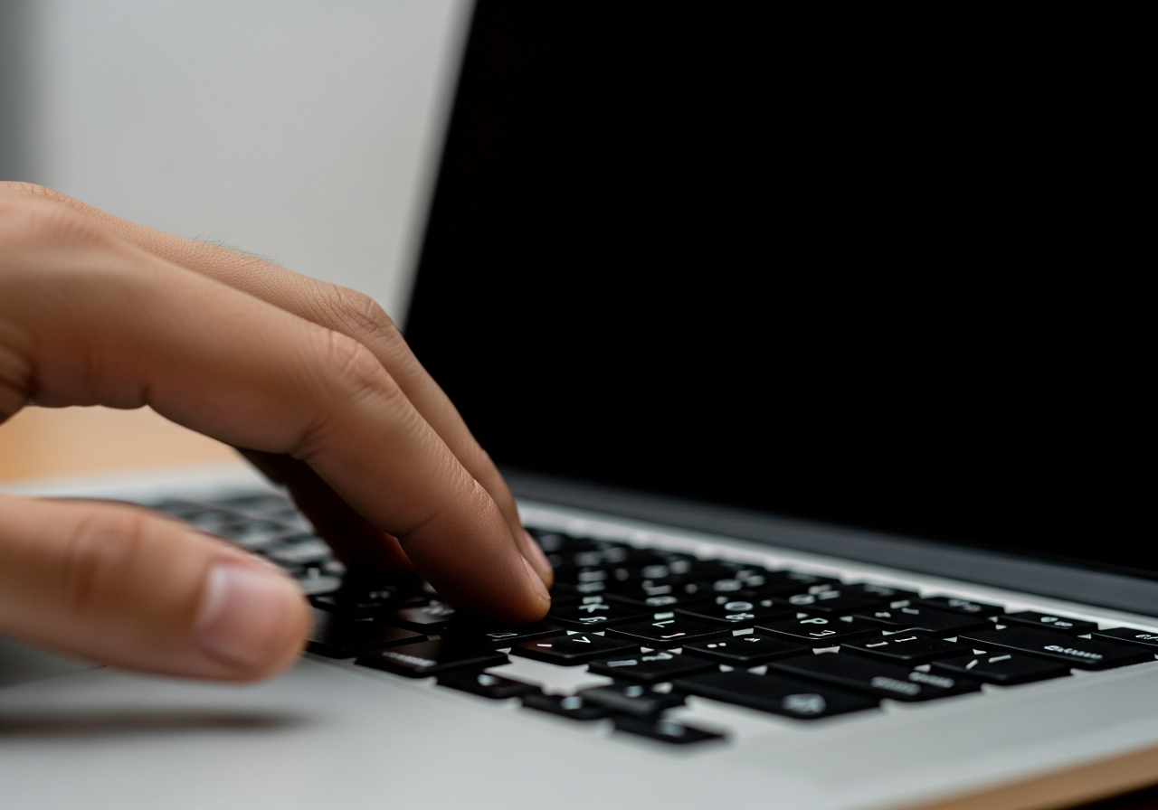 A hand typing furiously on a laptop keyboard, but the screen is entirely black, reflecting only the dim light of the room, symbolizing the futility or lack of true connection/impact of the digital action.