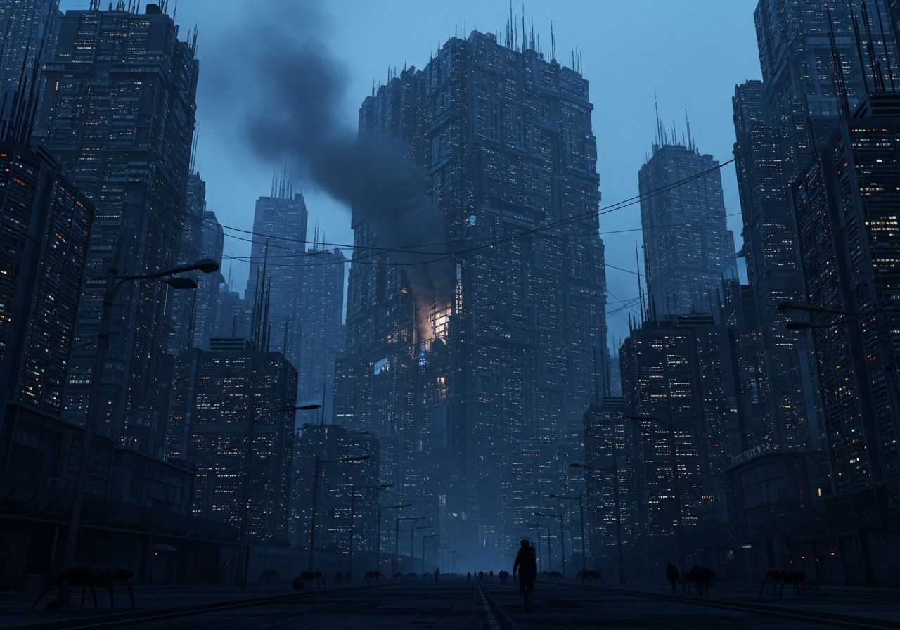 A dystopian cityscape at dusk, dominated by towering server farms and data centers instead of traditional buildings. Smoke billows from one of the "server" towers, with tiny human figures lost in the shadows below.