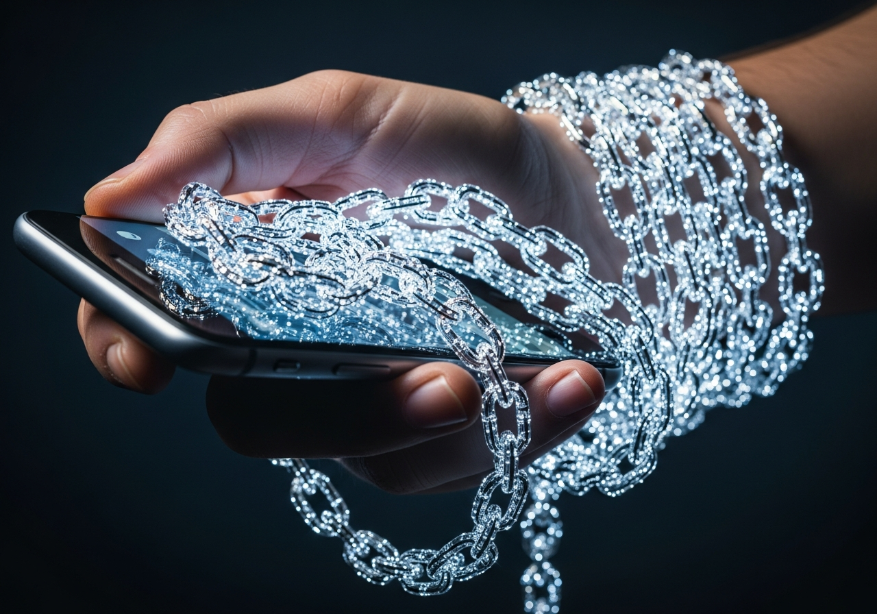 A close-up shot of a human hand holding a smartphone, but instead of the usual screen, complex, glowing digital chains are emanating from the screen, wrapping around the wrist and arm of the user.
