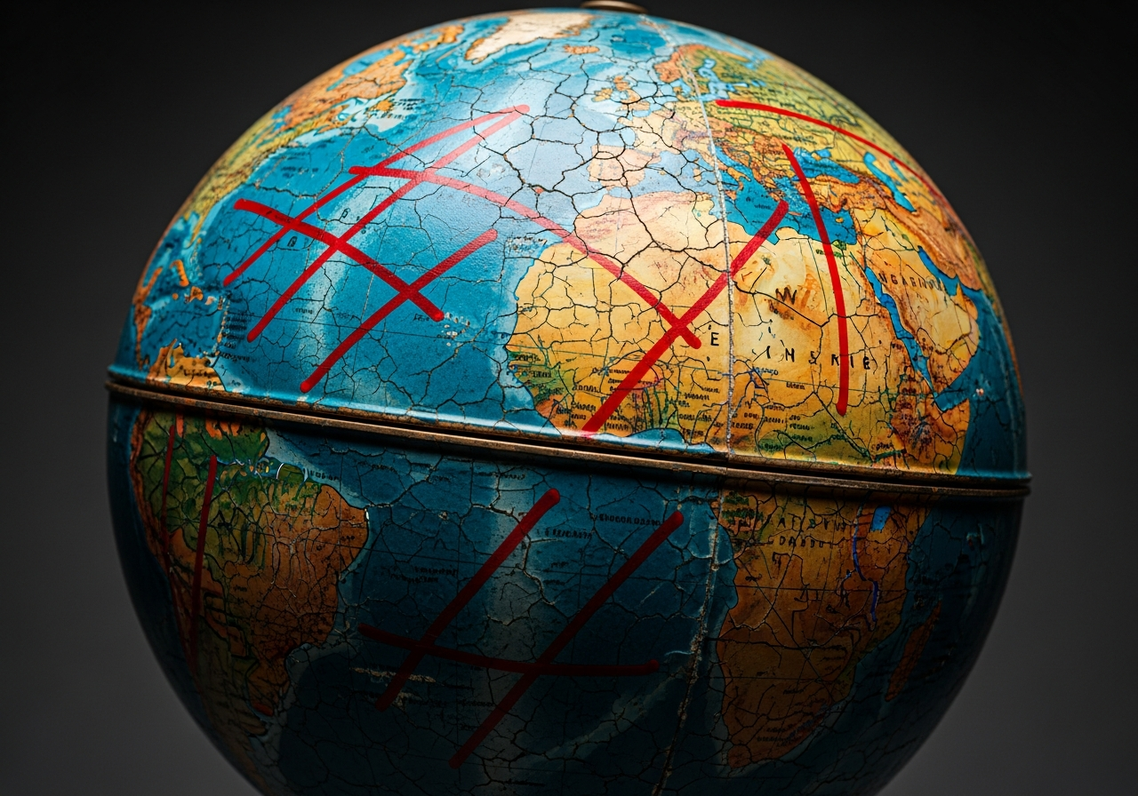 An old, worn globe with several visible cracks and lines drawn over the continents with a marker, illustrating new, arbitrary borders.