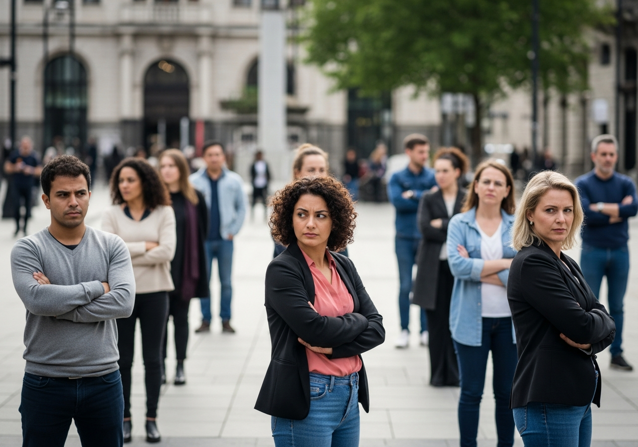 A group of diverse people looking at each other with suspicion, separated by invisible lines in a public square, symbolizing growing distrust and fragmentation.