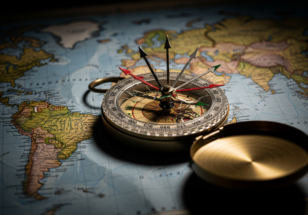 A broken compass lying on a crumpled map of the world, with its needle spinning wildly and pointing in multiple directions, illustrating global confusion and loss of direction.