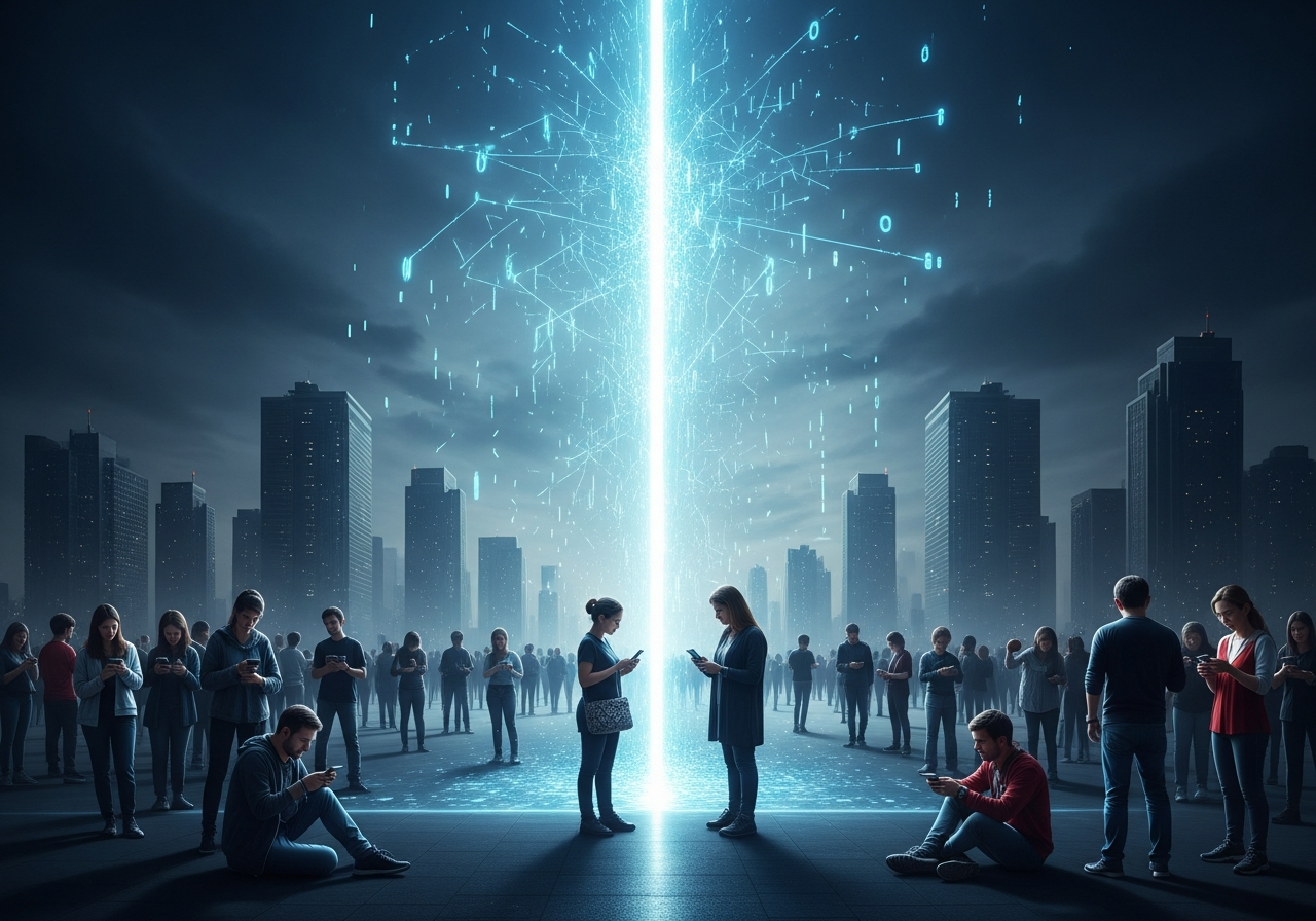 A dystopian landscape where digital data streams are blocked by towering, glowing firewalls, forming distinct national zones, with people on either side looking confused or frustrated.