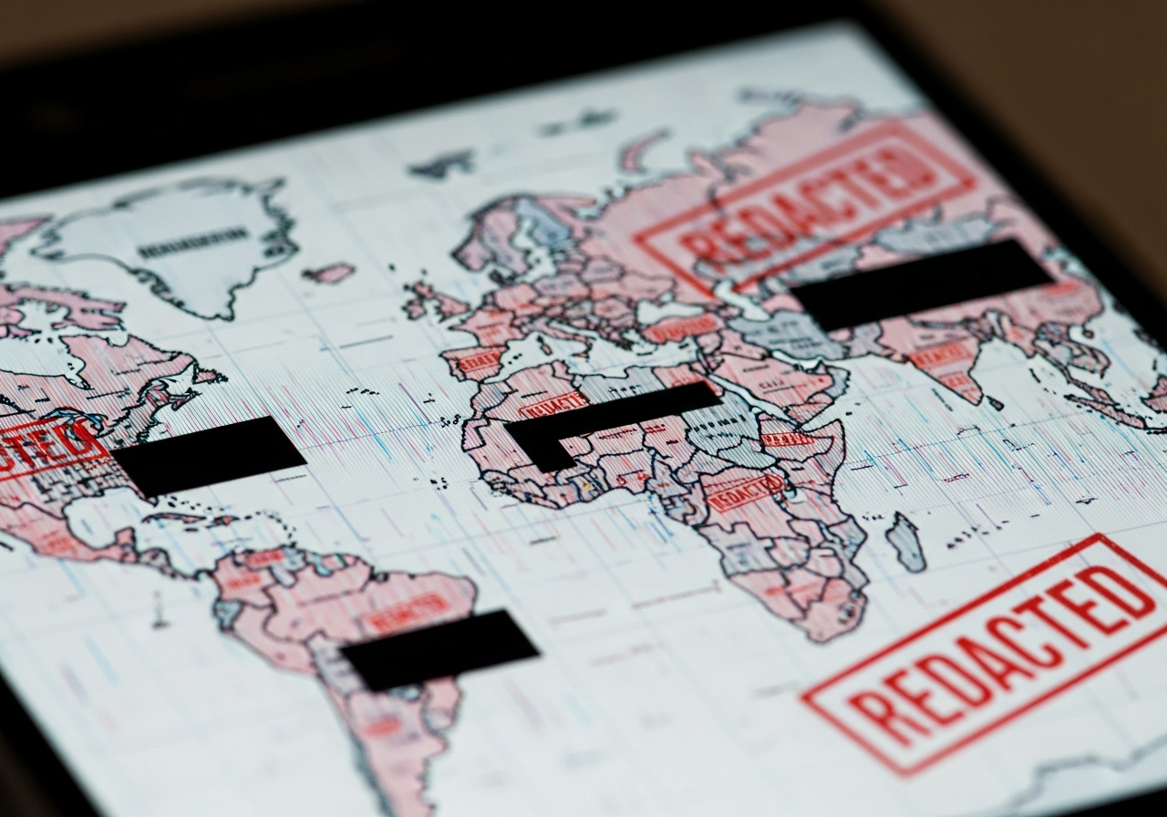 A close-up shot of a smartphone screen displaying a distorted world map, with national borders appearing as jagged, broken lines and some regions showing censorship symbols.