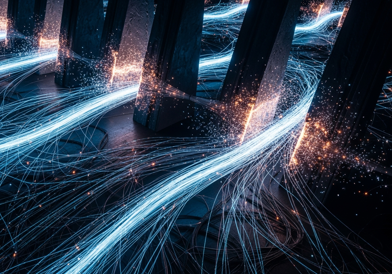 A complex network of entangled wires and glowing data points, some flowing freely, others abruptly cut off or redirected by shadowy, imposing structures.