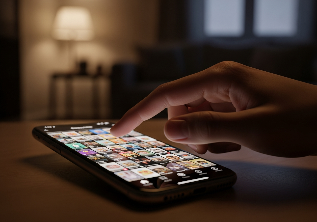 A person's hand, blurred, rapidly swiping up on a smartphone screen, with a colorful, endless feed of content visible. The background is a dimly lit, cozy room, suggesting an intimate and solitary interaction with the device.