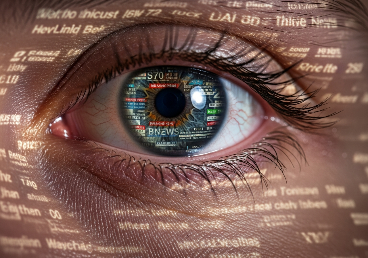 A close-up of a person's eyes reflecting a chaotic news feed, with a glazed, distant look, symbolizing numbness and information overload.