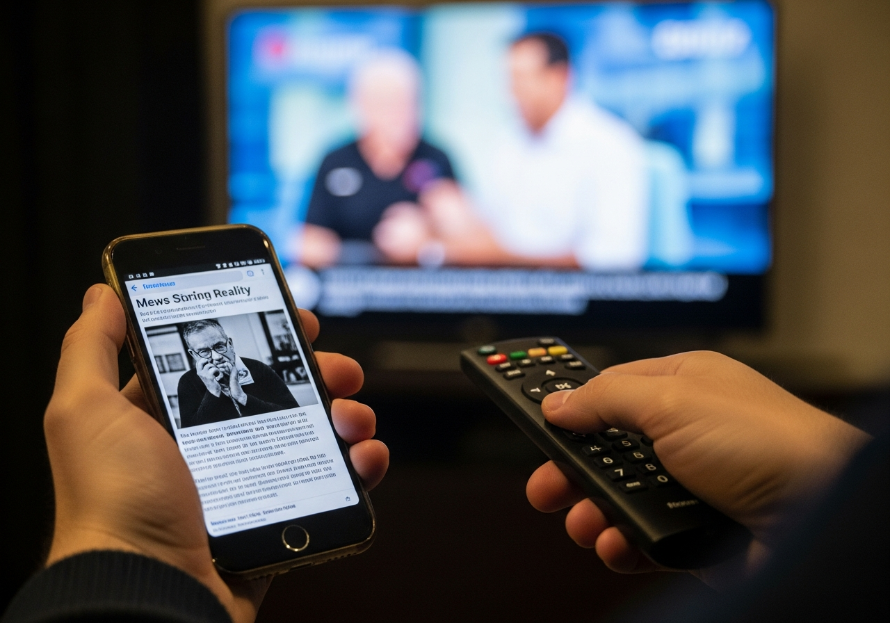 A person's hand, holding a smartphone displaying a grim news headline, while the other hand holds a remote control, with a blurred TV screen in the background showing a lighthearted show. This contrasts the overwhelming reality with escapism.