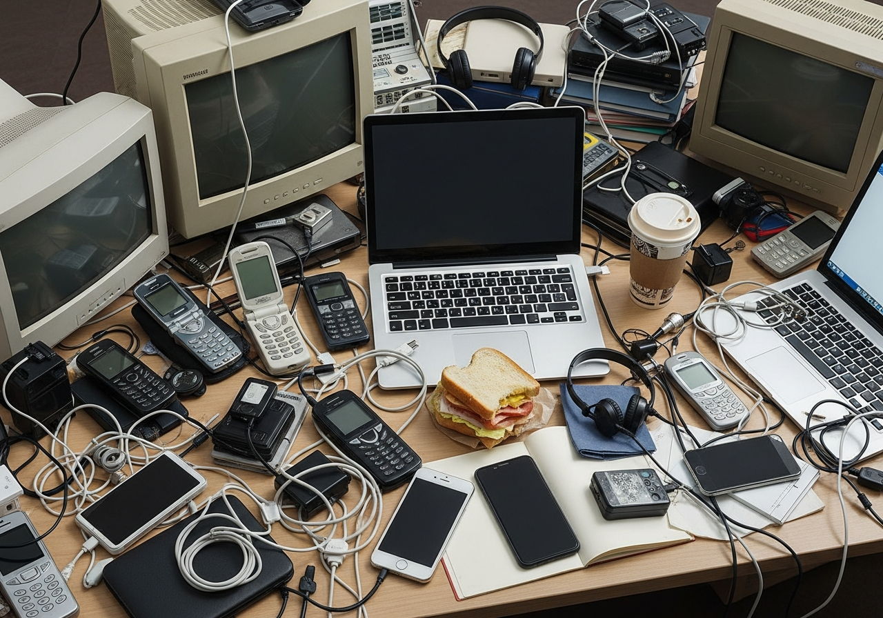 A cluttered desk full of various tech gadgets, some old and some new, with tangled cables and a half-eaten sandwich, highlighting the excess and constant churn of technology.