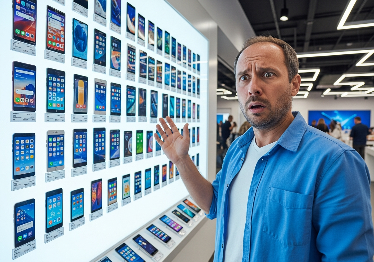 A person looking bewildered at a wall of new smartphones in a brightly lit electronics store, with exaggerated expressions of confusion and mild frustration.