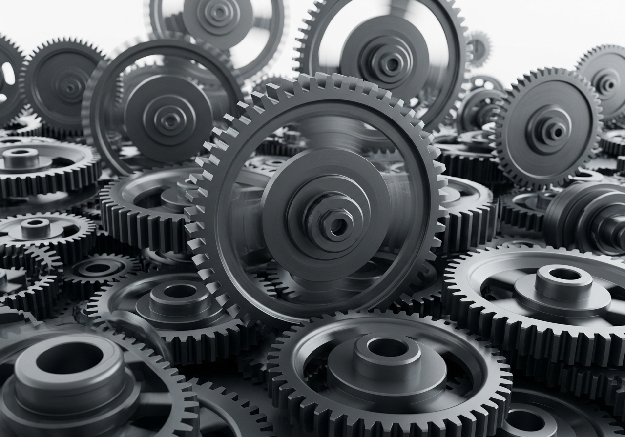 An abstract illustration of gears turning frantically, but with some gears not connecting or turning other gears, symbolizing inefficient or pointless innovation.