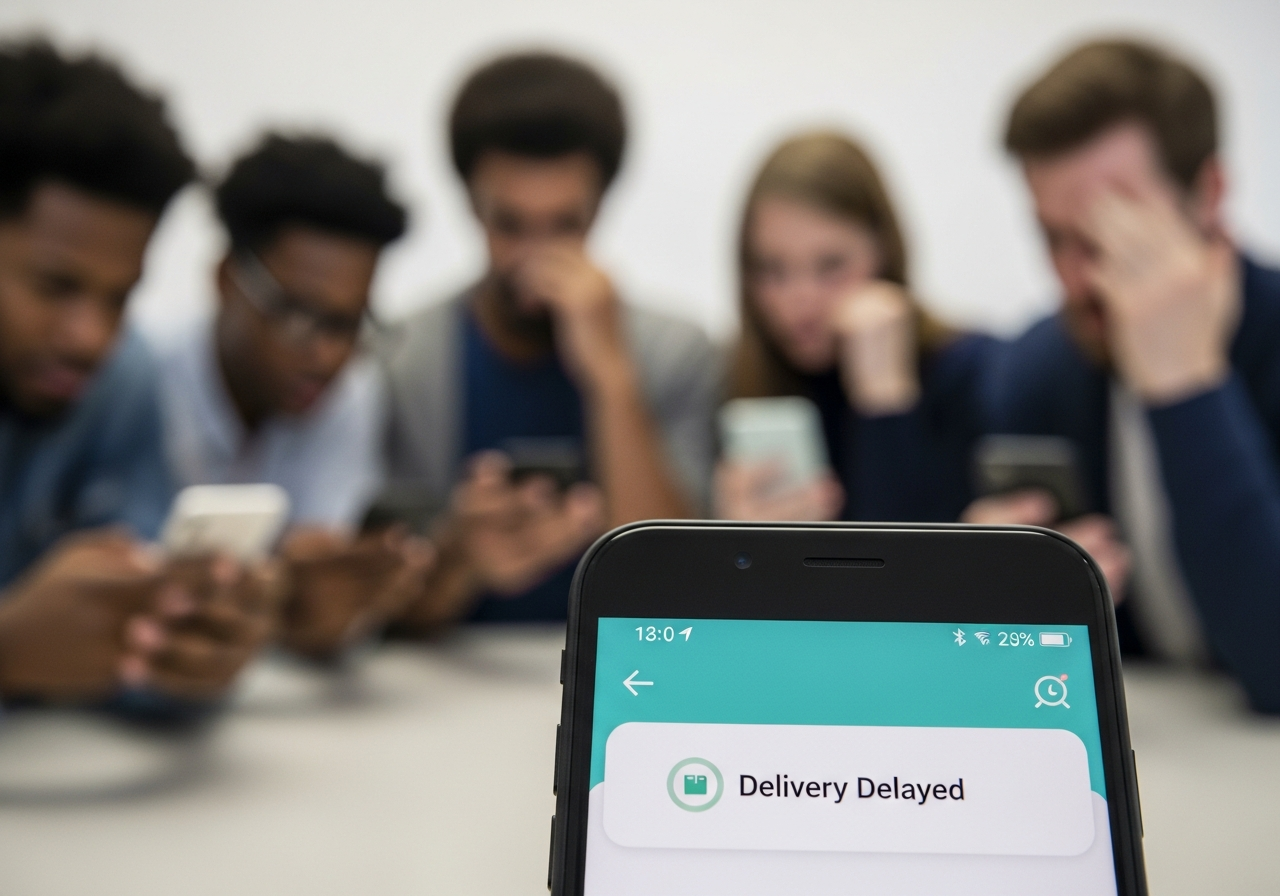 A close-up shot of a smartphone screen showing a delivery app with a "delivery delayed" notification, blurring into a background of impatient, stressed faces of people looking at their phones.