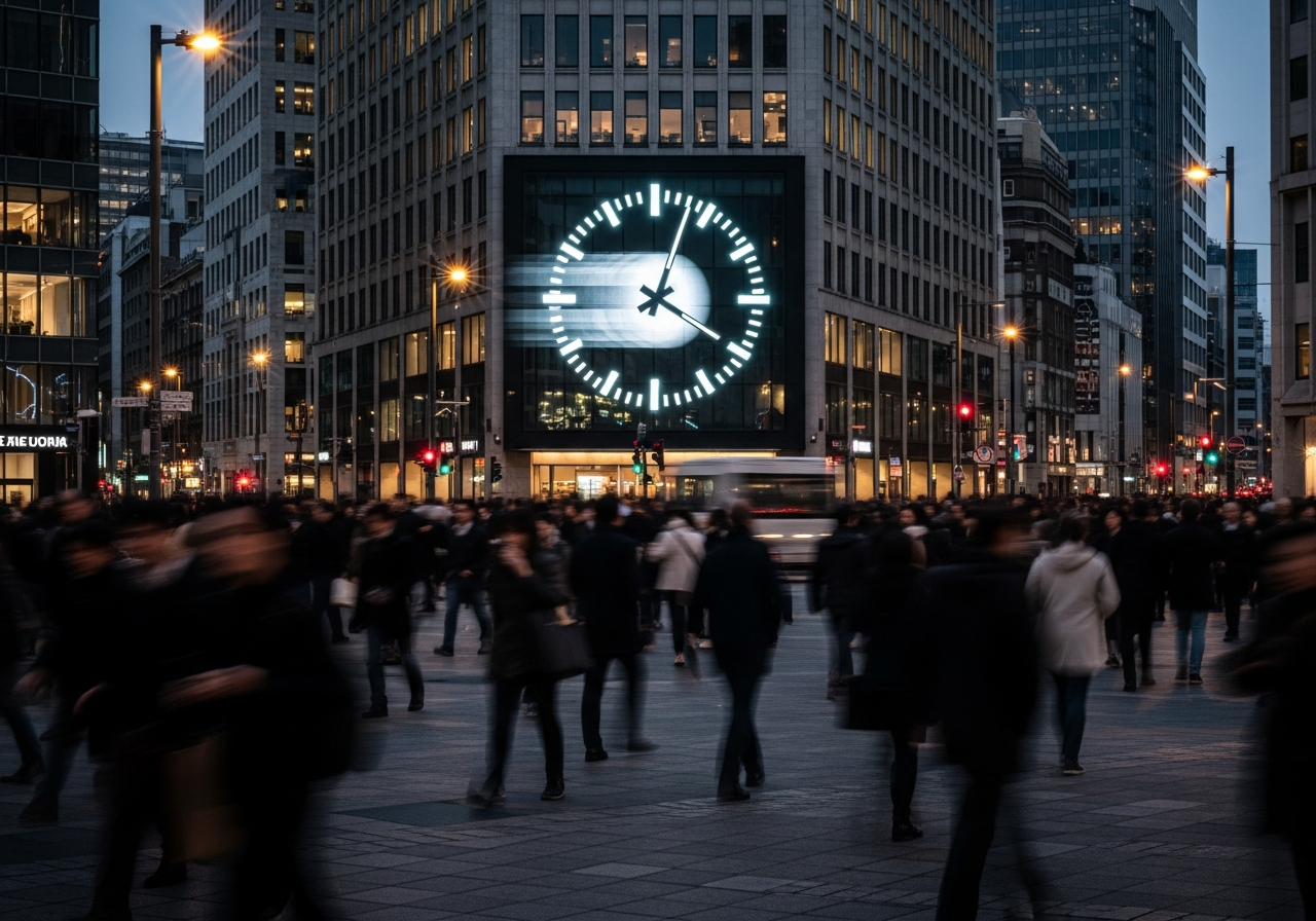 An abstract painting in dark, muted tones, depicting blurred figures rushing through a cityscape, with a single, clear clock in the center showing time rapidly passing.