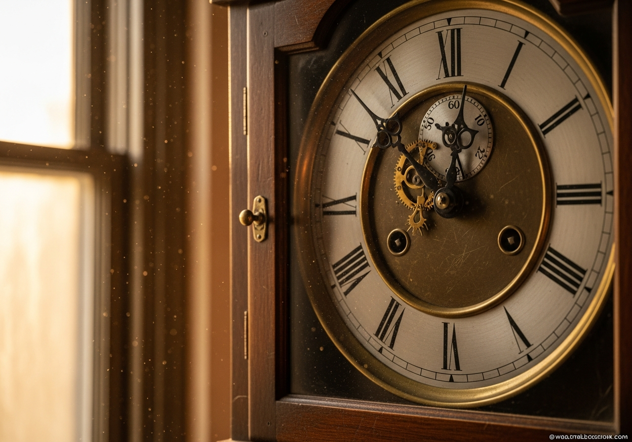 A close-up of an old, weathered grandfather clock, stopped at an indeterminate time, with dust particles visible in the light filtering through. Its hands are still.