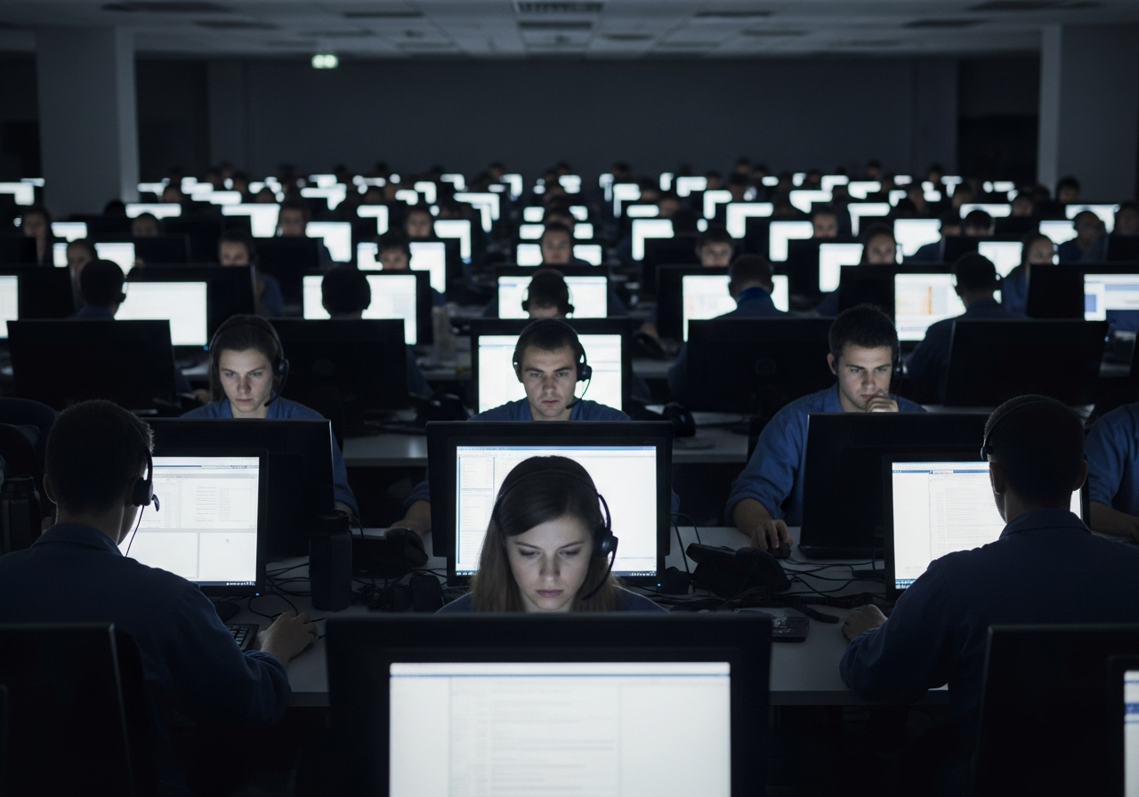 A dimly lit room with rows of people sitting at computers, all staring intently at their screens, some wearing headsets. The mood is one of quiet, monotonous labor.