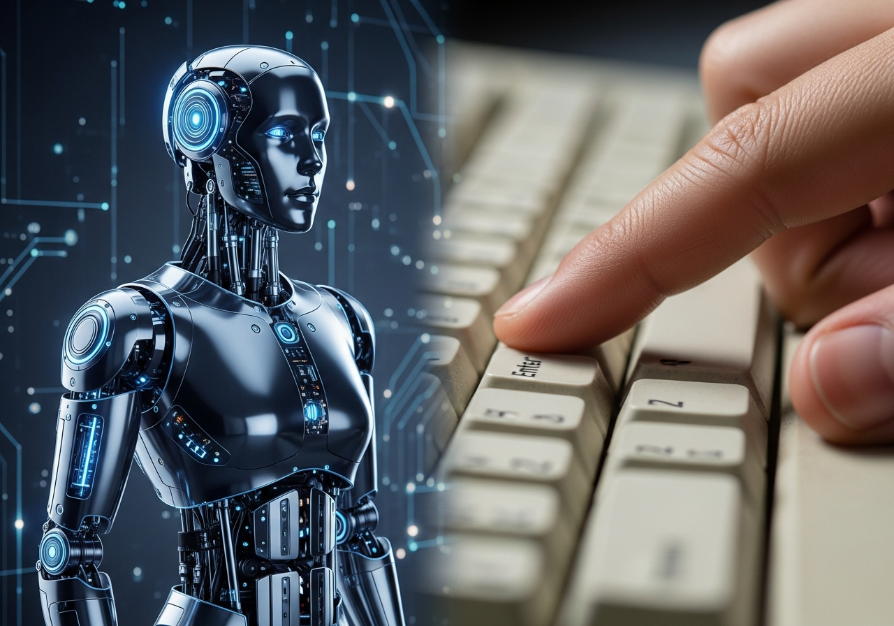 A split image: on one side, a sleek, futuristic AI robot; on the other, a blurry, slightly out-of-focus image of a hand pressing a key on a cheap, old keyboard.