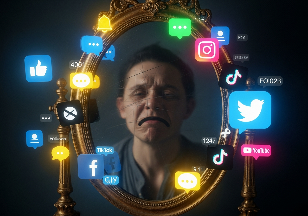 A vintage mirror reflecting a blurry, distorted face that looks vaguely human, surrounded by bright, modern social media icons. The reflection seems trapped and unhappy.