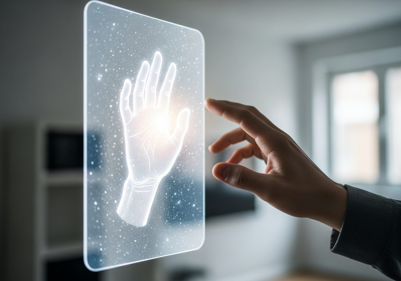 A person's hand reaching towards a shimmering, translucent digital screen, trying to grasp their own reflection which is heavily filtered and idealized. The background is a blurry, mundane room.