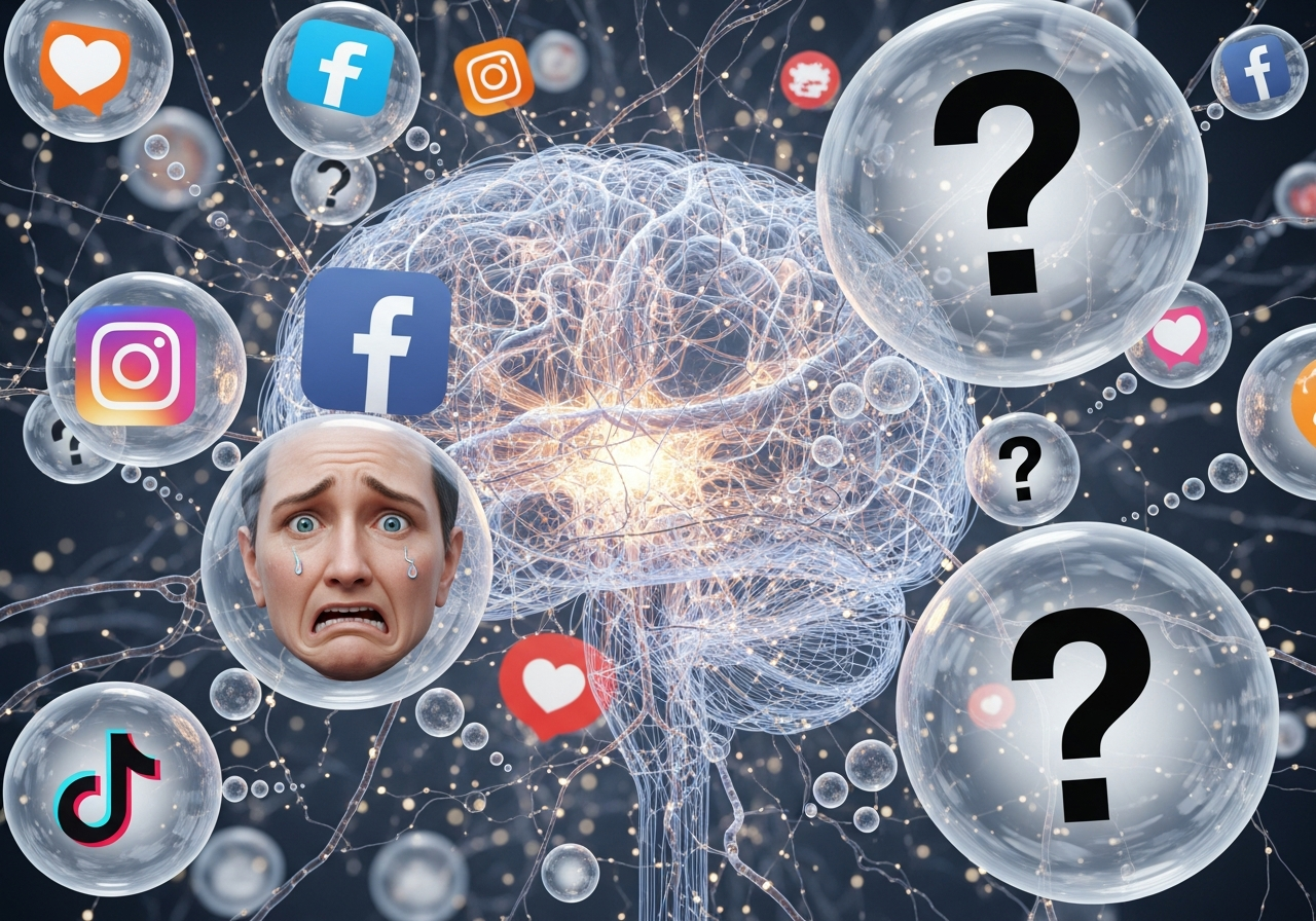 A chaotic, abstract representation of a human mind, with thought bubbles overlapping, some filled with social media icons, others with question marks, and a few with distorted, anxious faces.