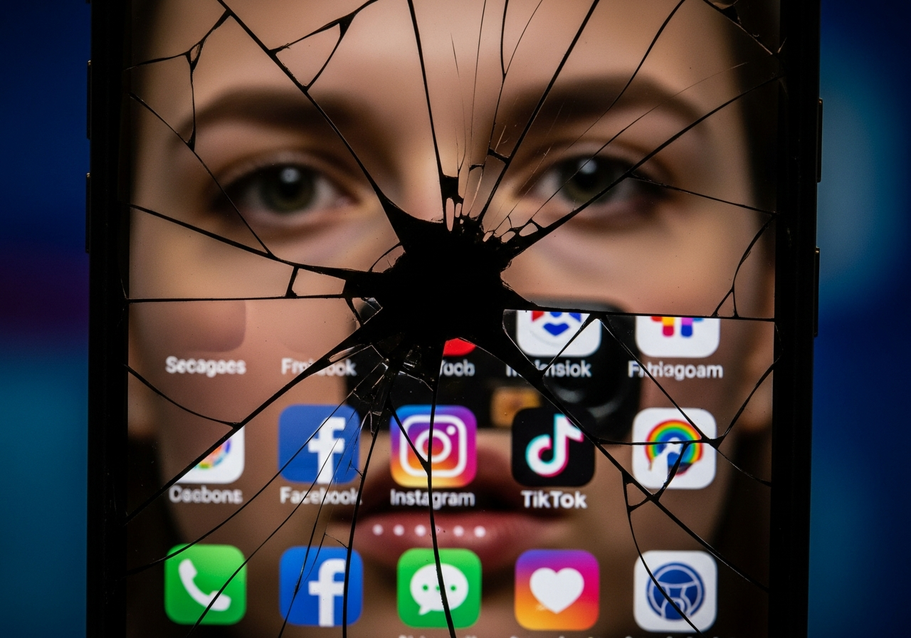 A distorted reflection of a person's face in a cracked smartphone screen, with vibrant social media icons barely visible in the background, suggesting a fragmented self-image.
