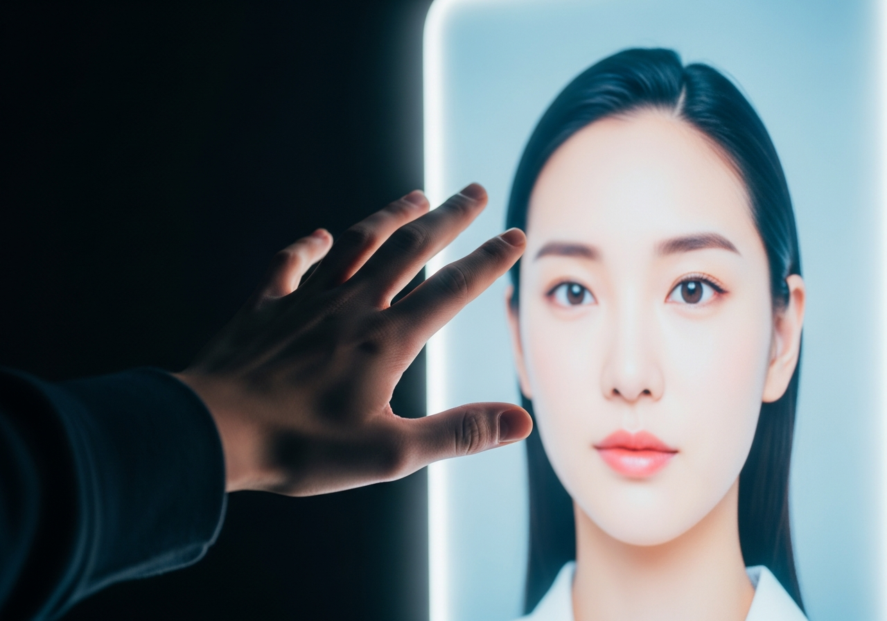 A person's hand reaching out towards a glowing, ethereal screen displaying a perfectly filtered version of their face, while their actual hand and arm are slightly blurred and mundane, highlighting the contrast.