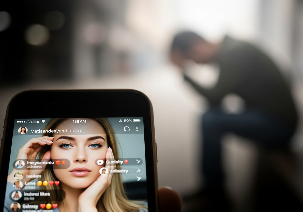 A close-up shot of a smartphone screen showing a highly filtered, perfect selfie with many likes and comments, while in the background, out of focus, a person is seen looking sad or stressed, hunched over, almost invisible.