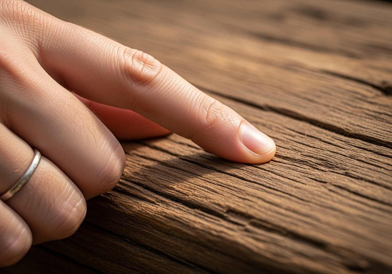 A person's hand reaching out, not towards a phone, but gently touching a real-life object like a leaf, a old book, or a piece of textured wood, suggesting a connection to the tangible world.