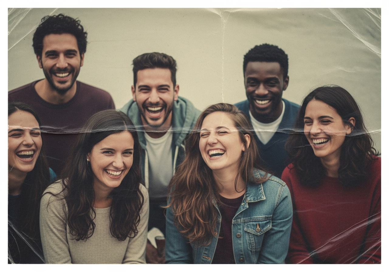 A faded, slightly crumpled old photograph of a group of friends laughing genuinely and imperfectly, without posing or looking at a camera, contrasting sharply with modern, perfect digital images.