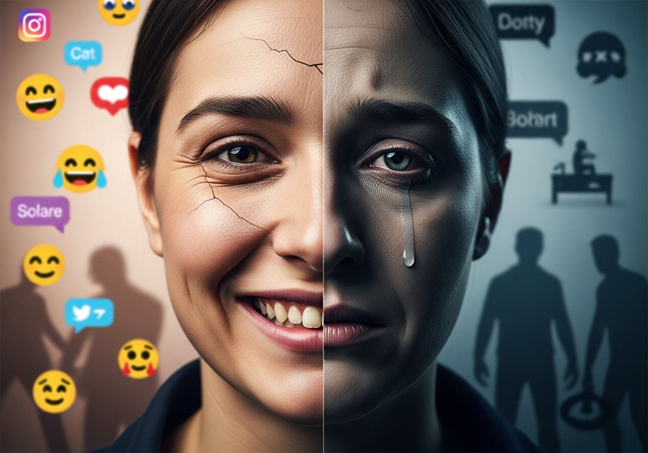 A person's face split in half; one side is smiling broadly but unnaturally, almost a grimace, with cracks starting to show around the eyes. The other side reveals a deep sadness, a single tear tracing down the cheek, and a tired, vacant gaze. The background is a blurry mix of bright, cheerful social media posts and dark, muted real-world problems.