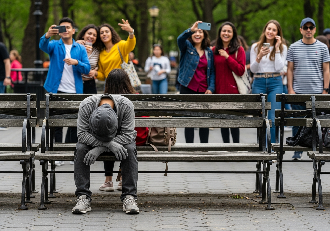 A lone figure sitting on a park bench, hunched over, looking at their shoes. Around them, other people are smiling, laughing, taking selfies, oblivious to the figure's quiet despair. The colors are muted around the sad figure and vibrant around the others, creating a stark contrast.