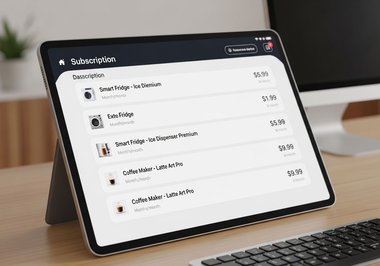 A digital subscription dashboard with various household appliances listed (e.g., "Smart Fridge - Ice Dispenser Premium," "Coffee Maker - Latte Art Pro"), each with a monthly fee displayed.