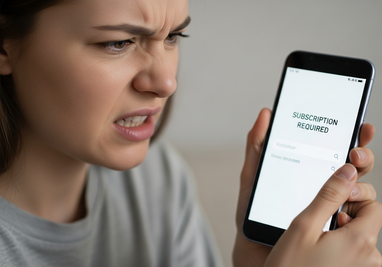 A person looking frustratedly at a smart device displaying a "Subscription Required" message on its screen.