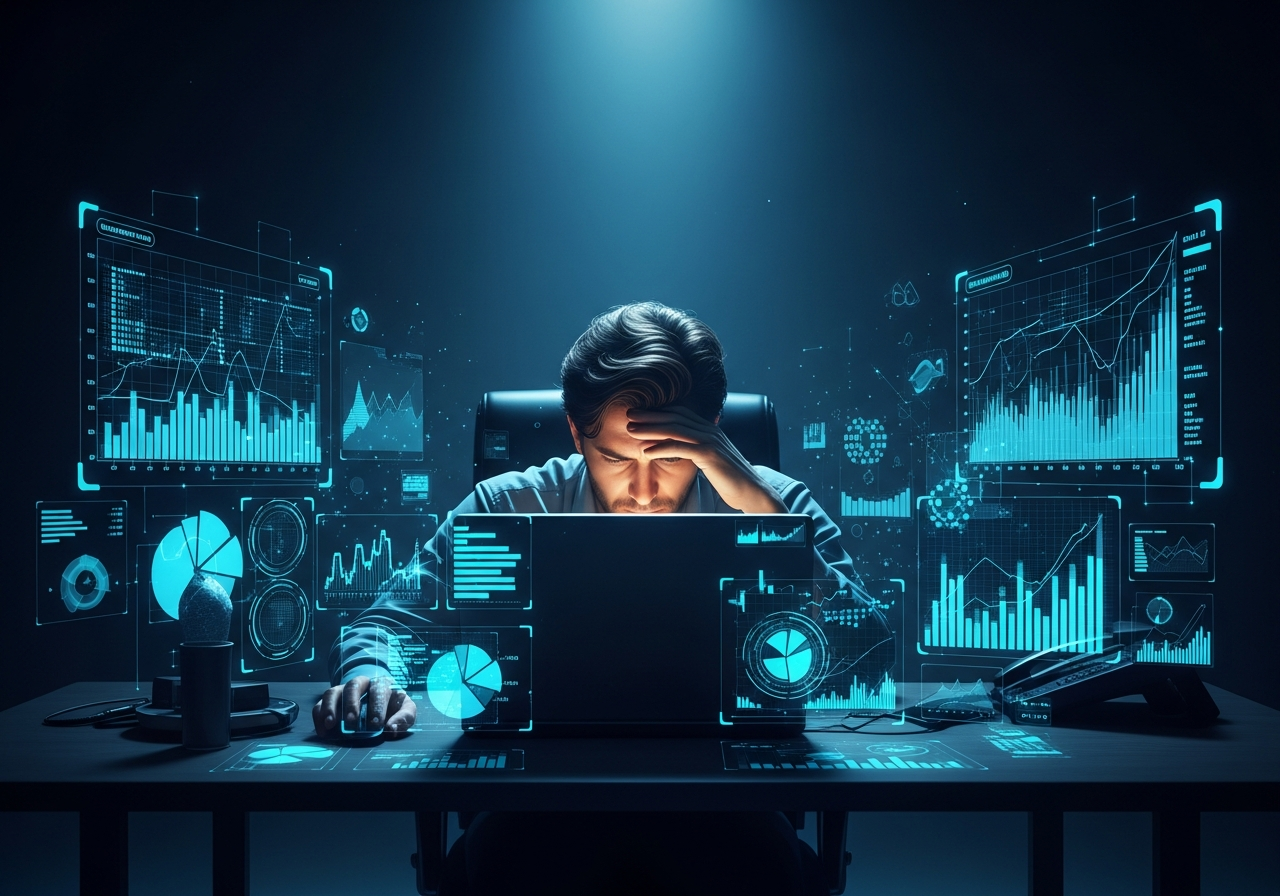 A dimly lit, stark office environment with a single person sitting hunched over a laptop, surrounded by glowing digital graphs and charts projected onto the walls and desk, their face illuminated by the screen, looking weary and overwhelmed by data. The scene suggests a modern, cold, and data-driven existence.