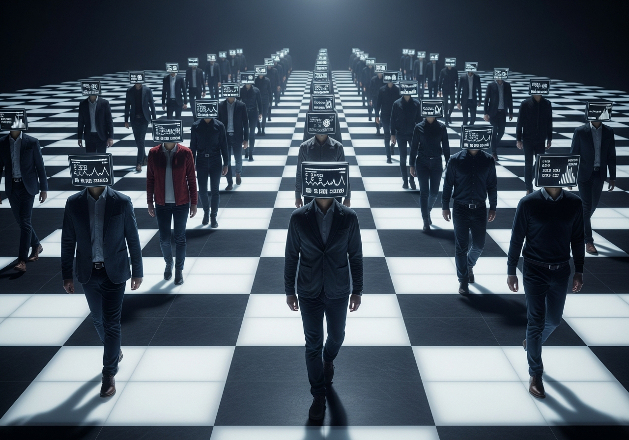 A surreal image of people walking on a giant chessboard, their faces replaced with blank digital screens displaying fluctuating scores. The "pieces" look like ordinary people, but their movements are stiff and predetermined, marching towards an unseen goal, symbolizing the loss of individuality in a gamified world.