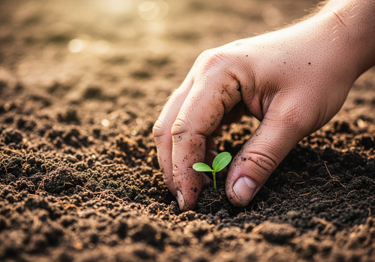 A close-up of a human hand, dirtied and calloused, planting a small seedling into rich, dark soil, with sunlight softly illuminating the scene. The focus is on the tactile, tangible connection to nature, representing a counter-narrative to the digital gamification of life.