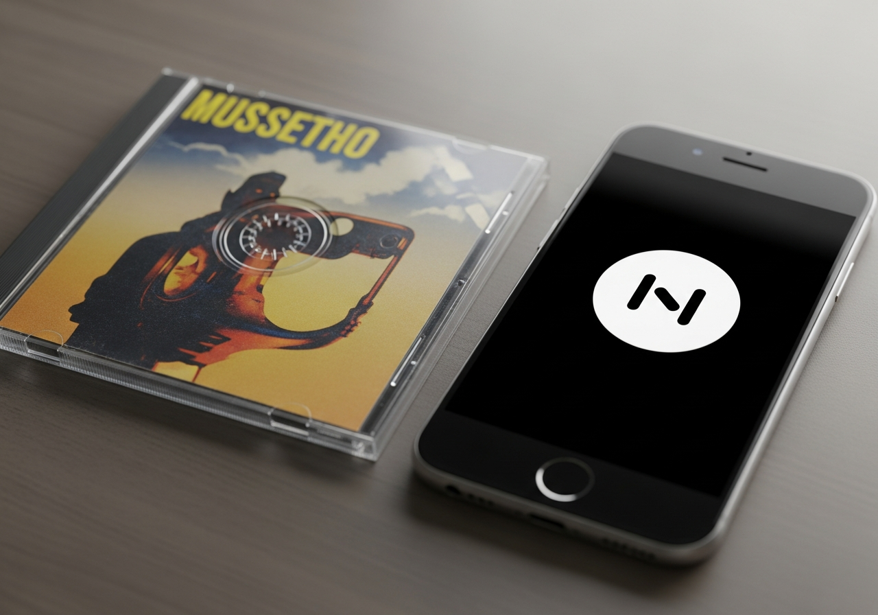 A vintage CD case with dust on it, next to a modern smartphone displaying a music streaming app logo.