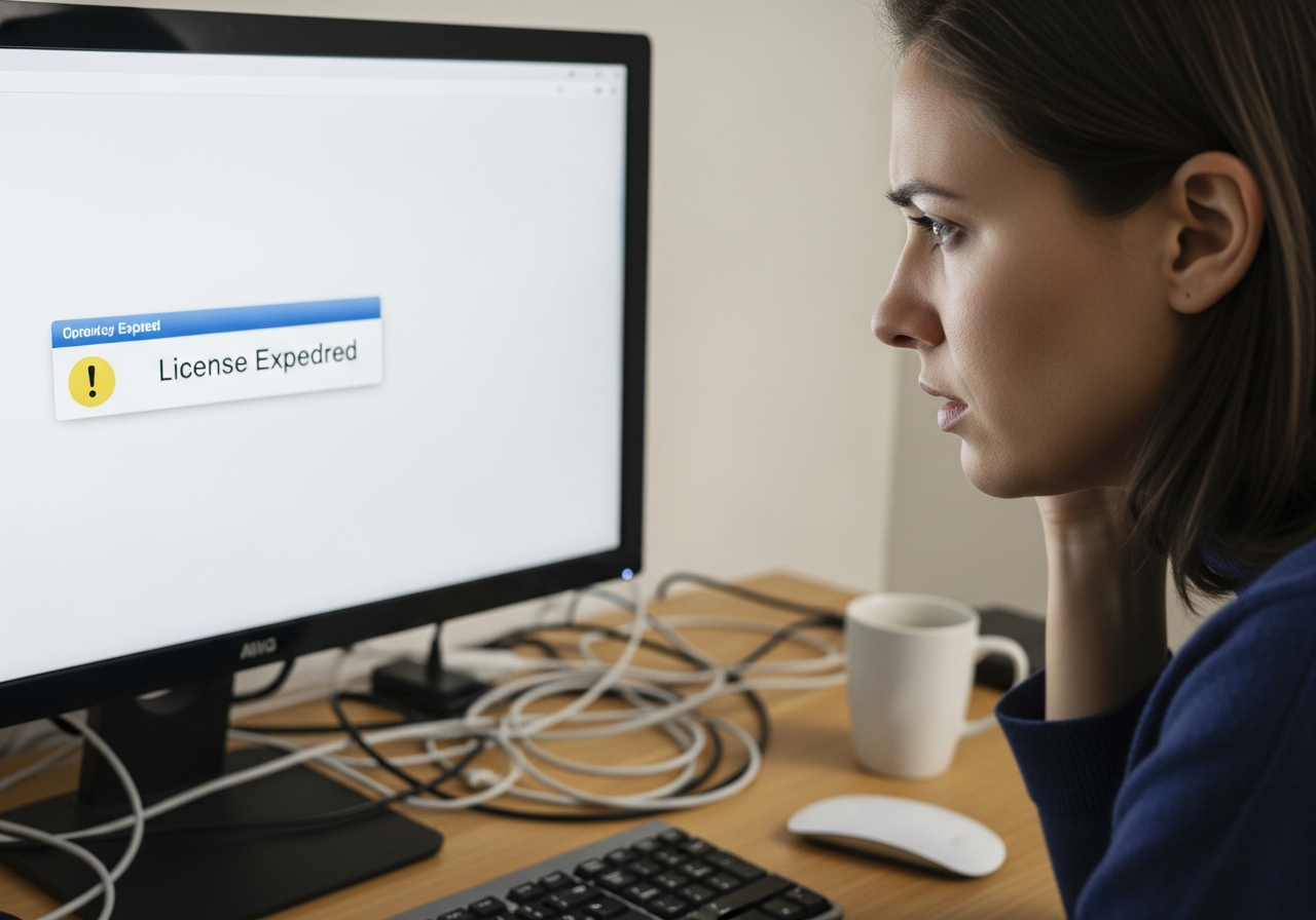 A person looking frustratedly at a "License Expired" message on a computer screen, surrounded by charging cables and a coffee mug.