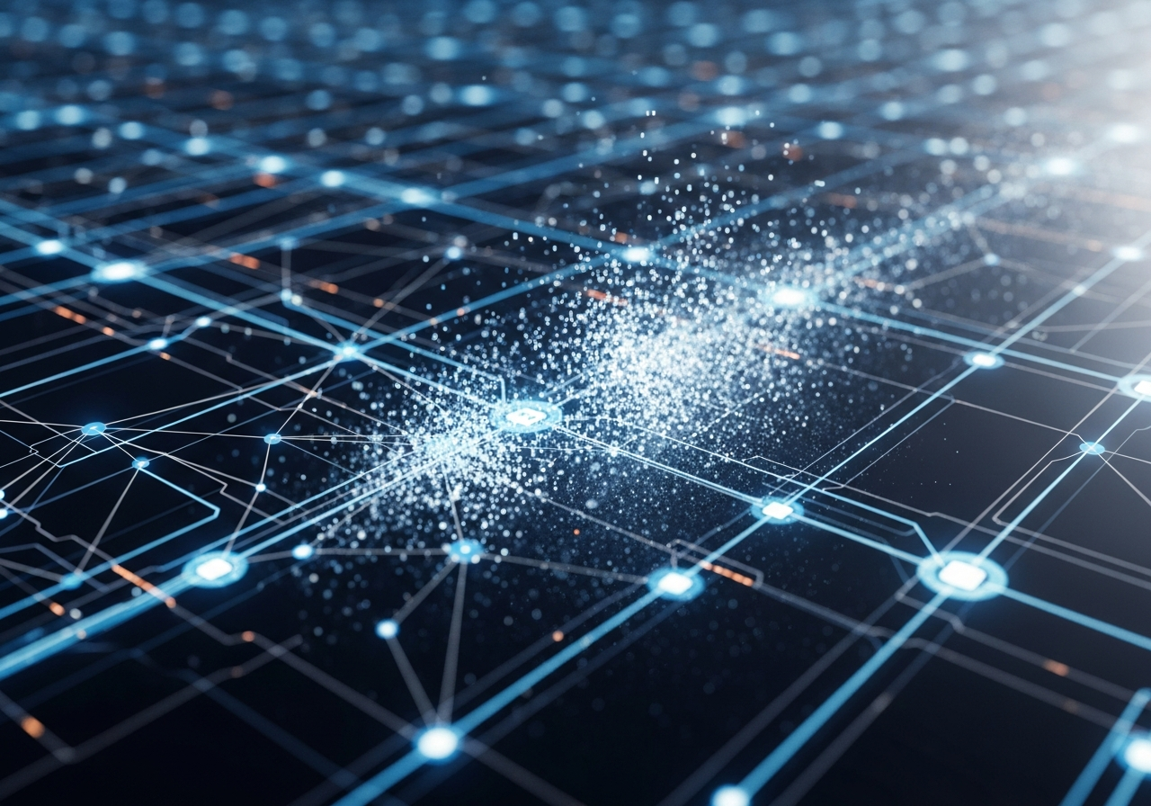 A complex network of digital data streams, with some connections breaking and dissolving into pixel dust.